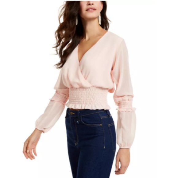 Q & A Tops - NEW Q & A Pastel Pink Smocked Long Sleeve Surplice Neck Top Small